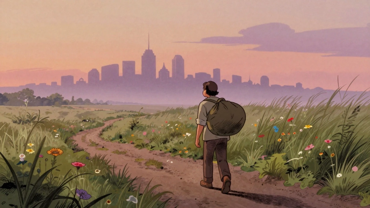 A person walking a path looking back at a distant city skyline at dusk