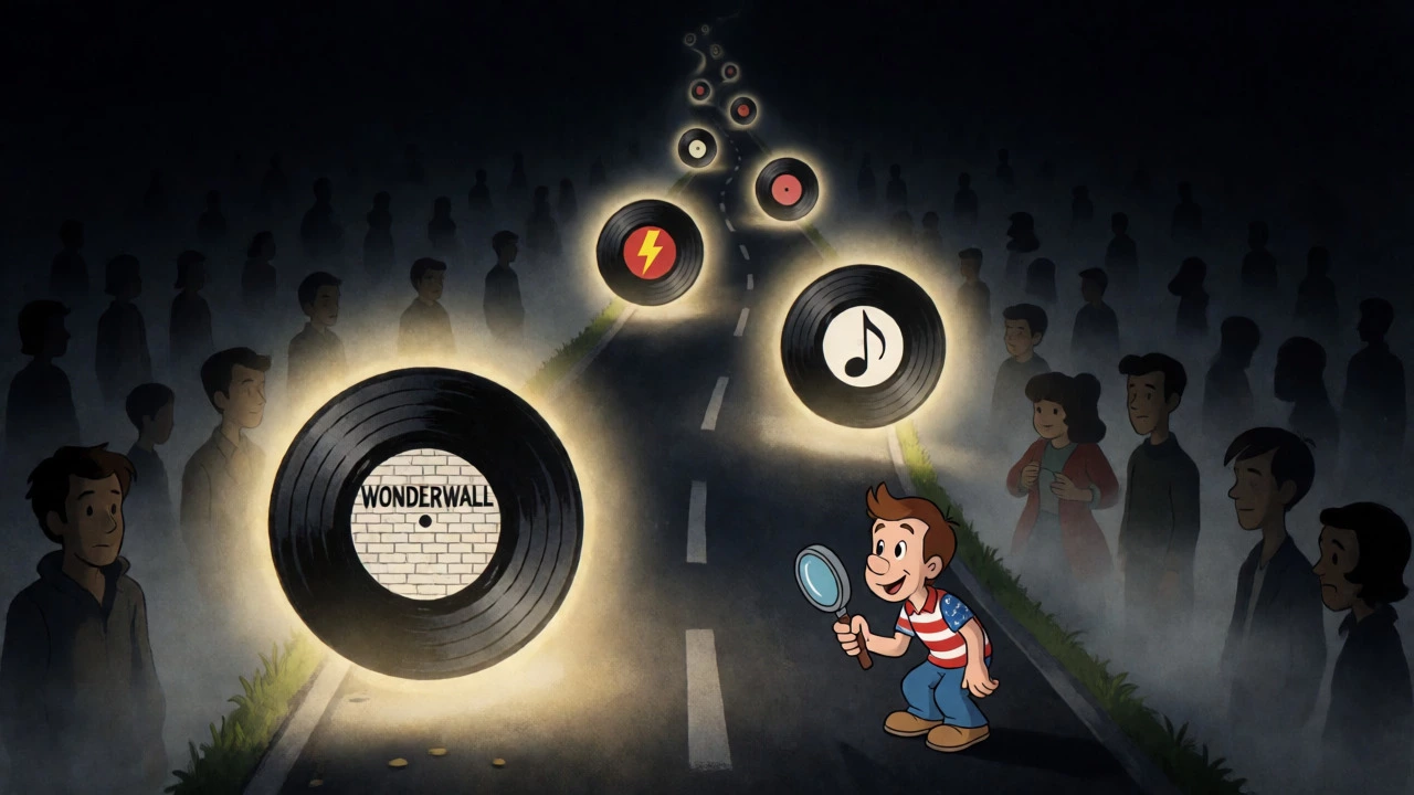 A surreal road lit by iconic Britpop records, surrounded by fading shadows.