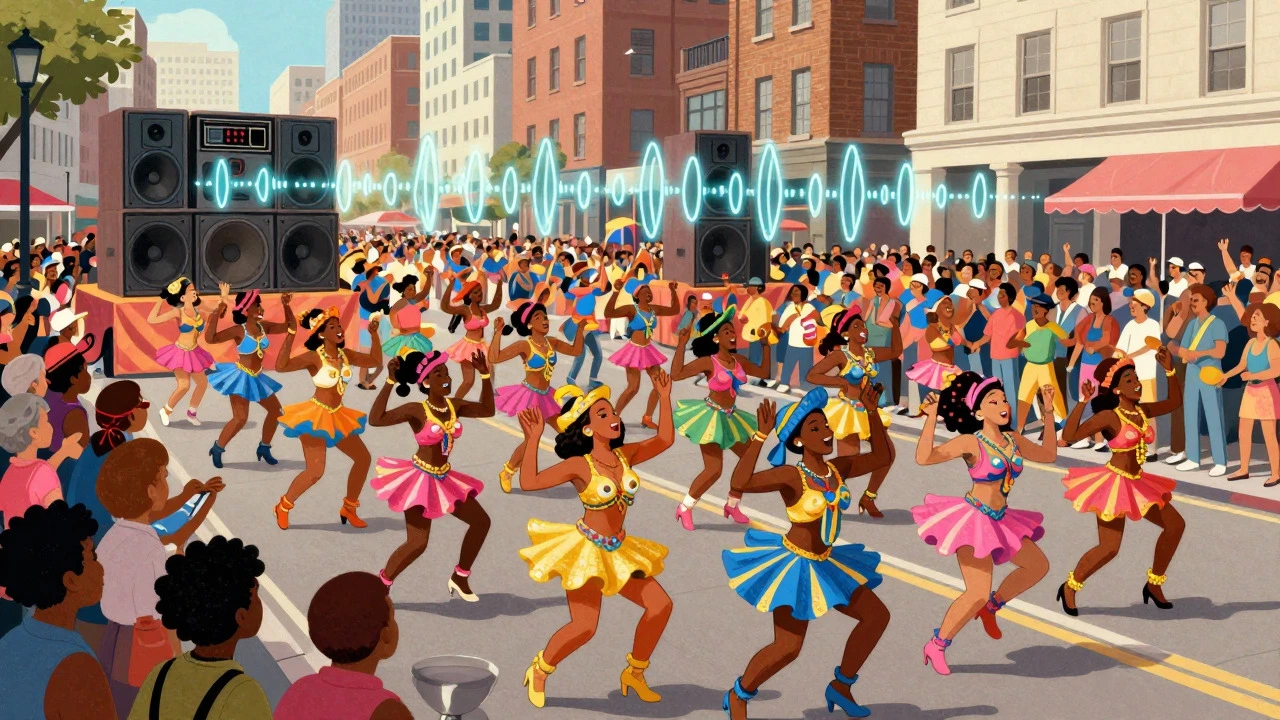 A vibrant vintage cartoon depiction of a large street carnival parade in a major city
