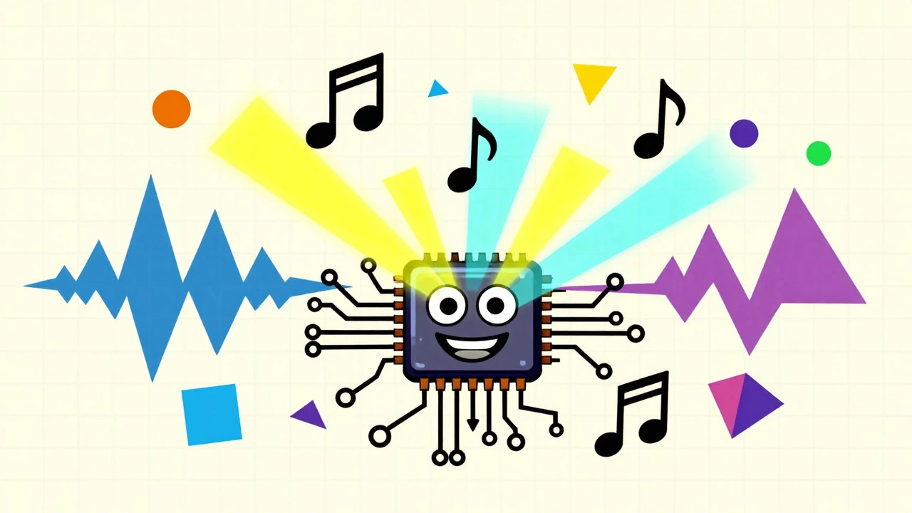 Abstract art of musical notes and a glowing sound chip representing chiptune creativity