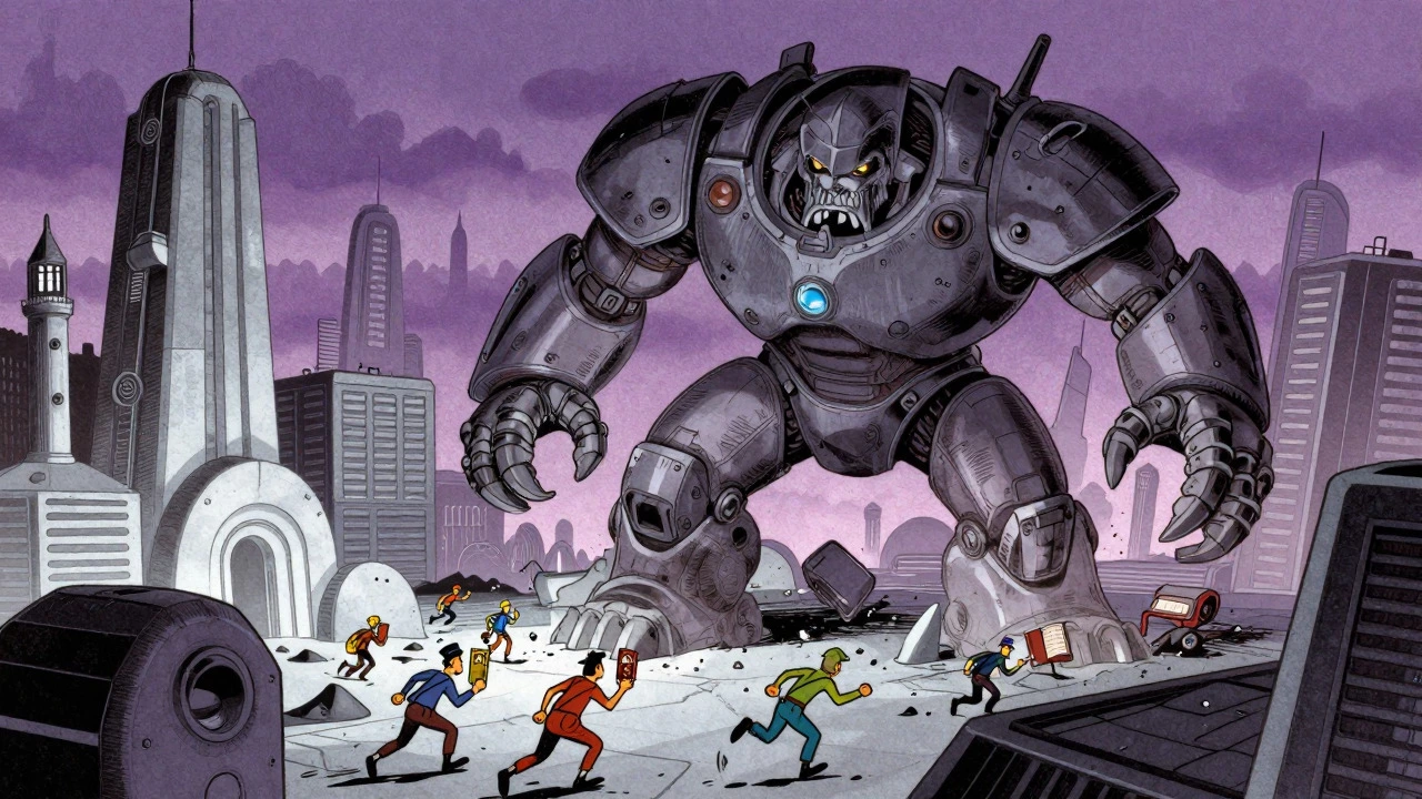 Armored monster destroying a futuristic city in a vintage cartoon style.