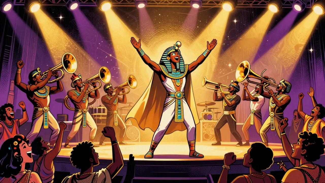 Bandleader performing on a grand stage with an Egyptian-themed costume