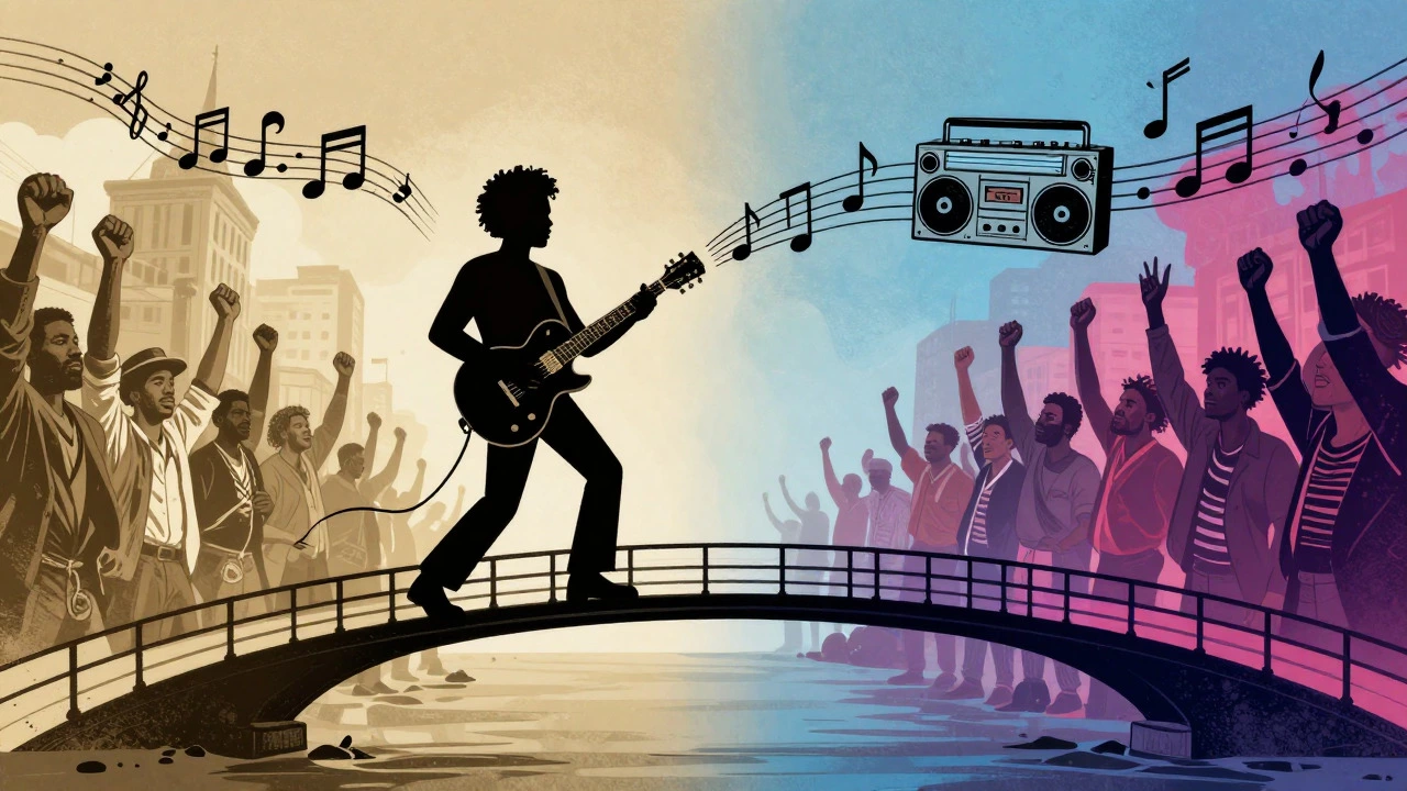 Bridge connecting 1970s soul musician to modern hip-hop symbols in vintage cartoon style