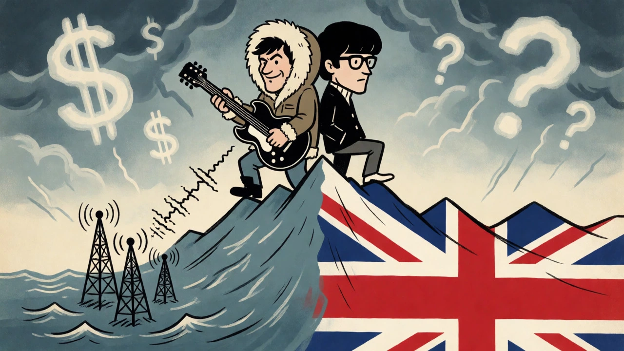 Caricatures of rival British rock stars separated by a stormy Atlantic ocean.