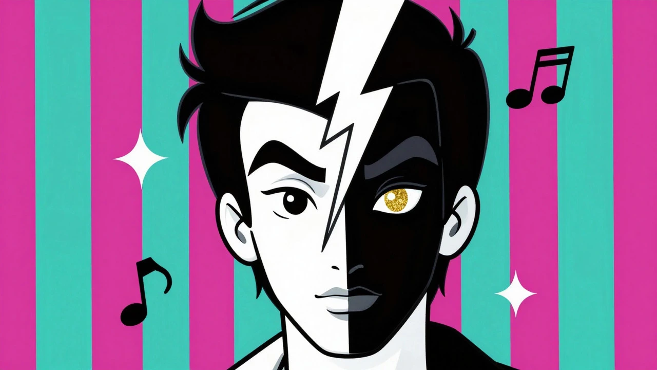 Cartoon character with split black and white face and lightning bolt
