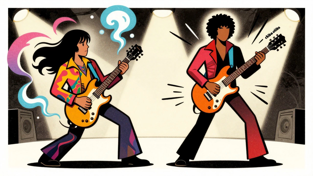 Cartoon comparison of rock and funk guitar styles