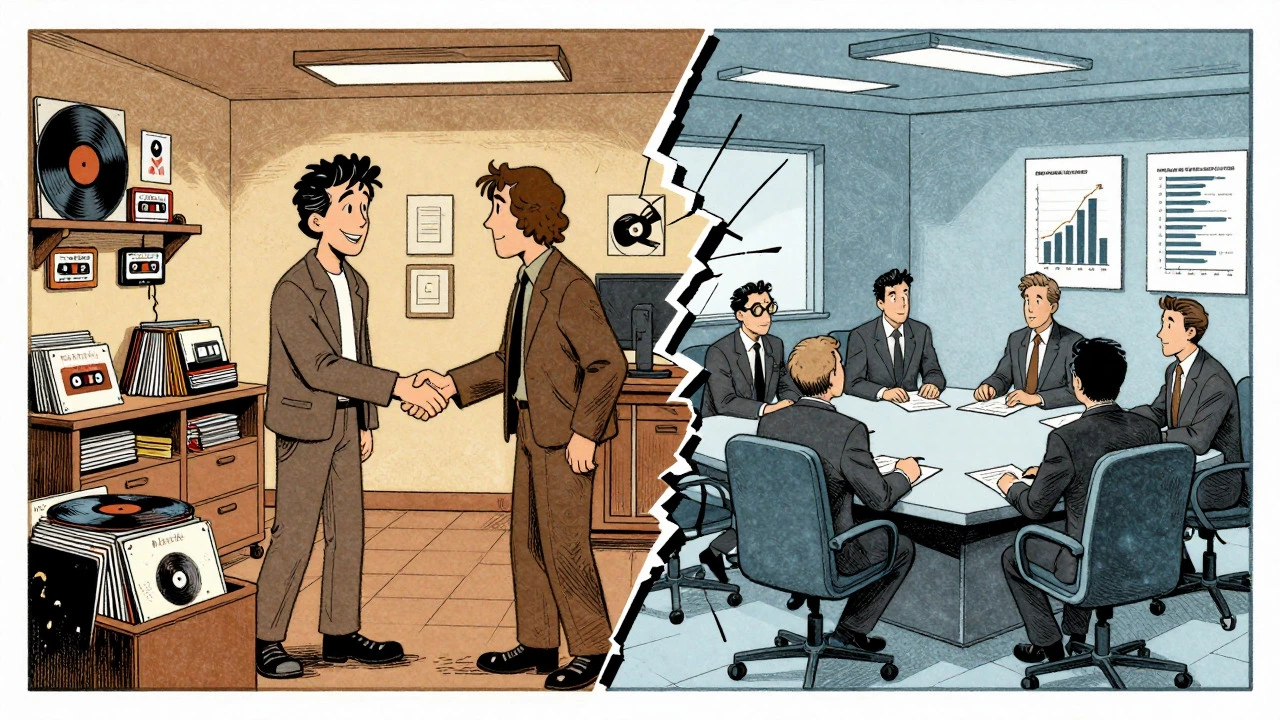 Cartoon contrasting indie label warmth with cold corporate boardrooms.