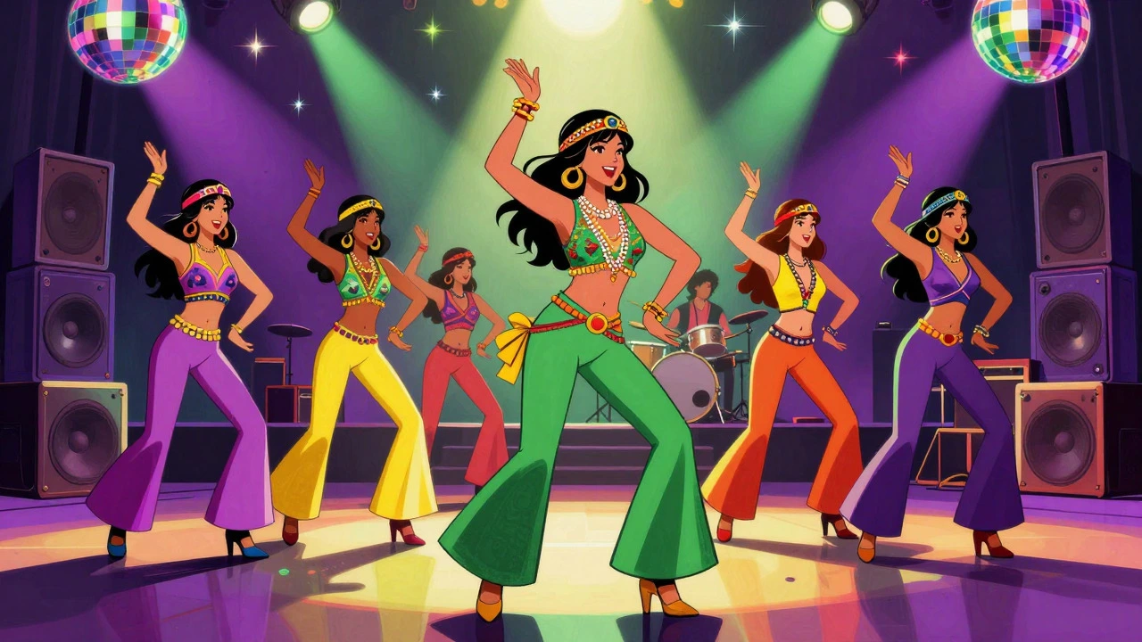 Cartoon depiction of 1970s Bollywood disco dancers in retro fashion