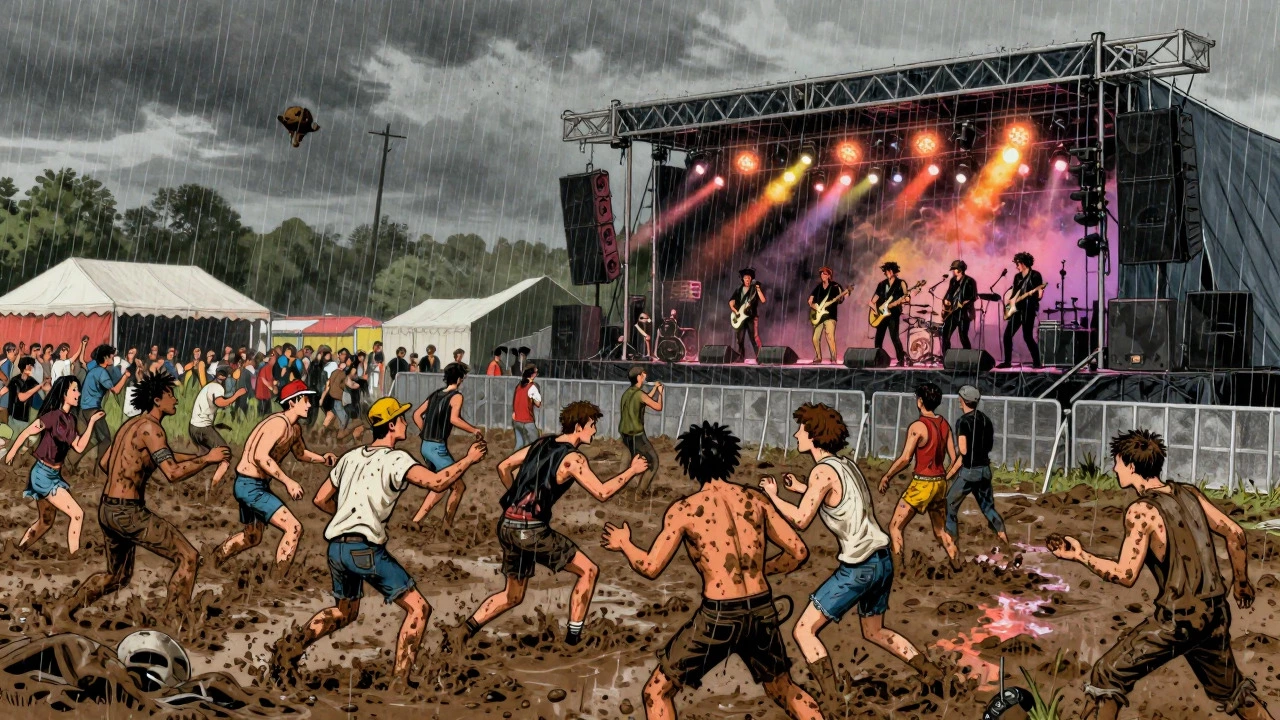 Cartoon depiction of a chaotic, muddy 90s nu-metal festival