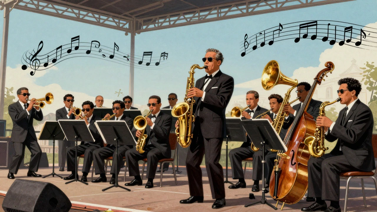 Cartoon depiction of a large jazz-funk orchestra playing outdoors