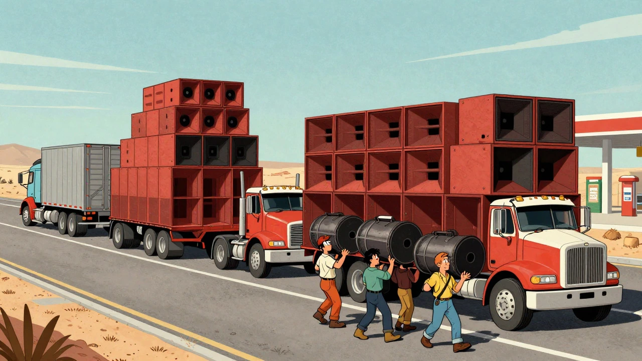 Cartoon depiction of trucks transporting heavy concert sound equipment