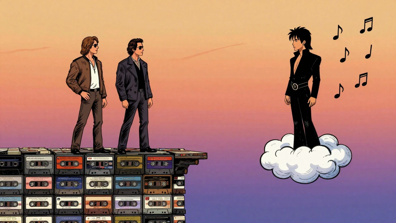 Cartoon duo on a tape bridge versus a floating solo artist