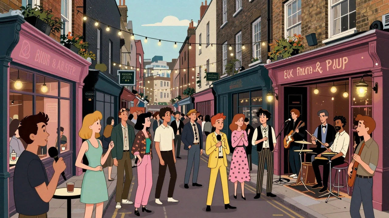 Cartoon illustration of a crowded Camden Town street with musicians and fans
