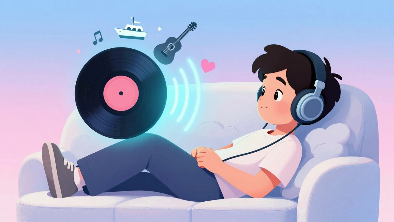 Cartoon illustration of a person listening to music on headphones, with sound waves forming genre icons.