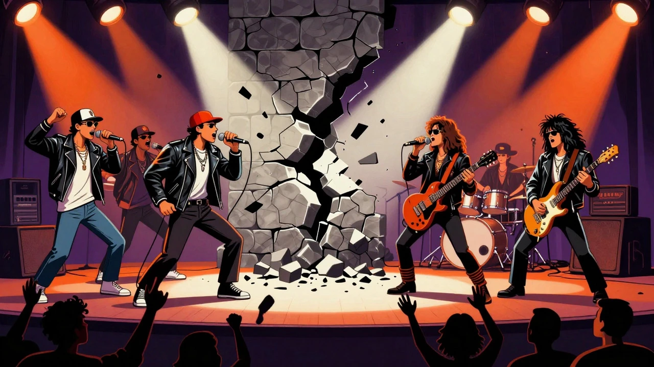 Cartoon illustration of a rock and hip-hop band smashing a wall on stage