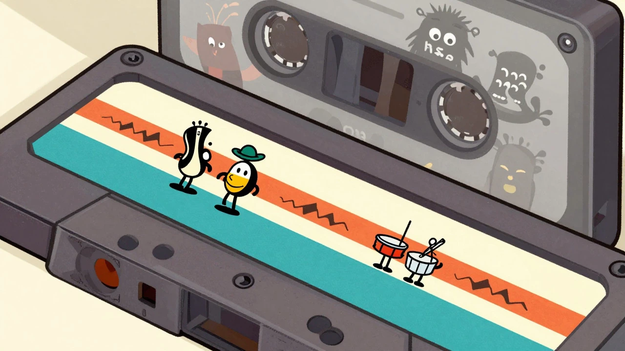 Cartoon illustration of analog tape tracks with sound characters and noise reduction shield.