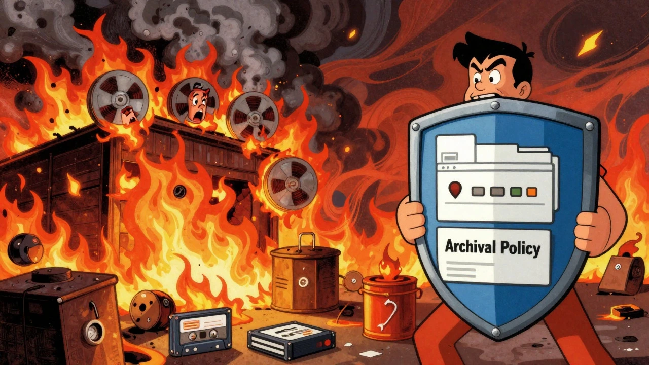 Cartoon illustration of fire destroying tapes, policy shield protects