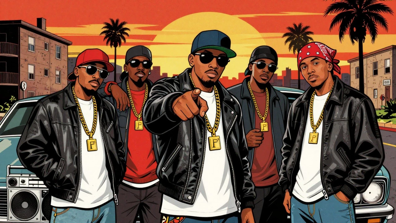 Cartoon illustration of five rappers in a gritty urban street scene