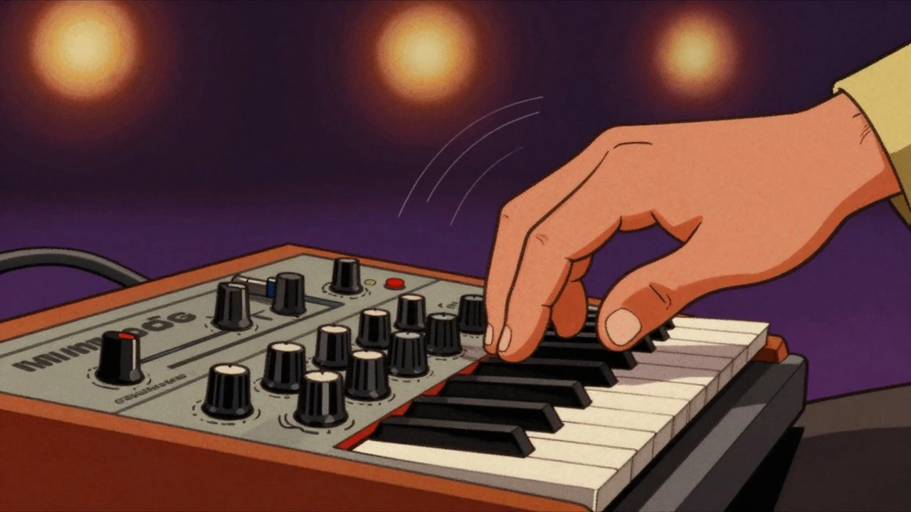 Cartoon illustration of hands playing a Minimoog synth on a stage with warm lighting