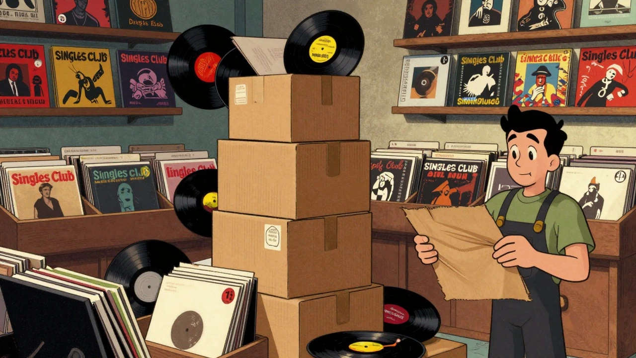 Cartoon illustration of stacking and wrapping vinyl records for mail order