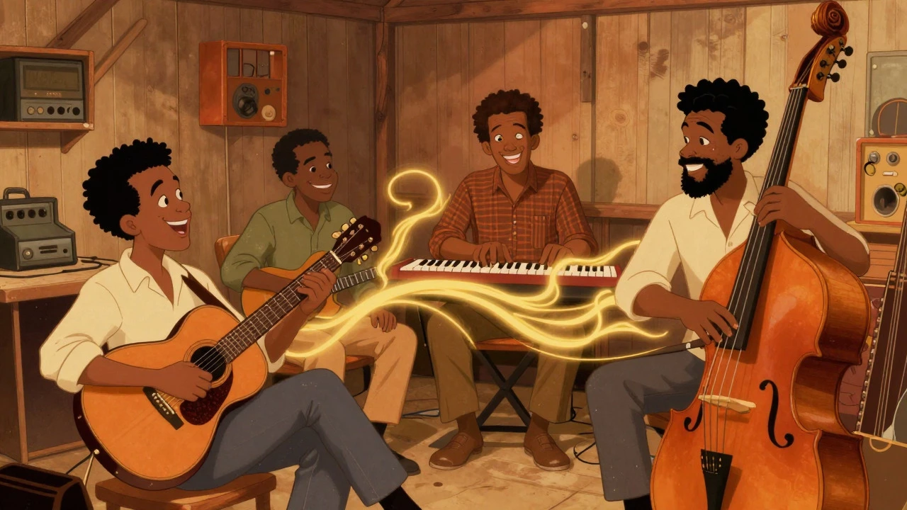 Cartoon illustration of the Muscle Shoals Rhythm Section creating a warm groove in Alabama