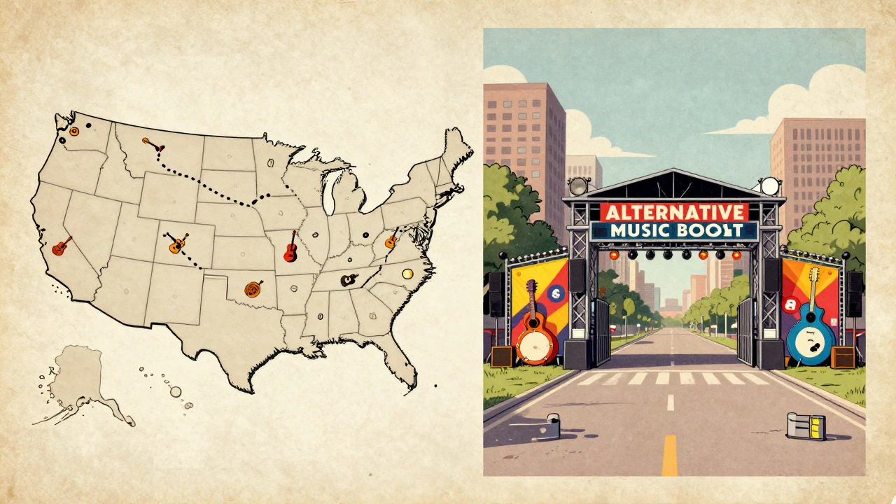 Cartoon map showing US tour route and modern festival gate
