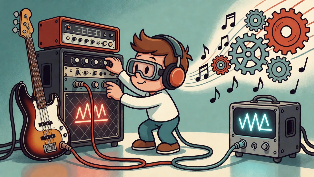 Cartoon musician experimenting with stereo bass rig