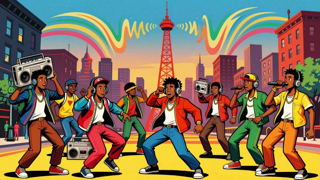 Cartoon of 1980s street dancers and a radio tower symbolizing urban music rise