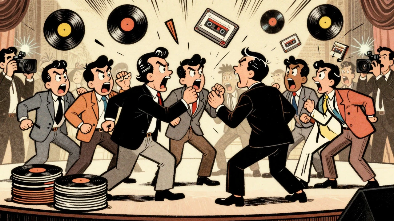 Cartoon of 90s award show fight with flying records