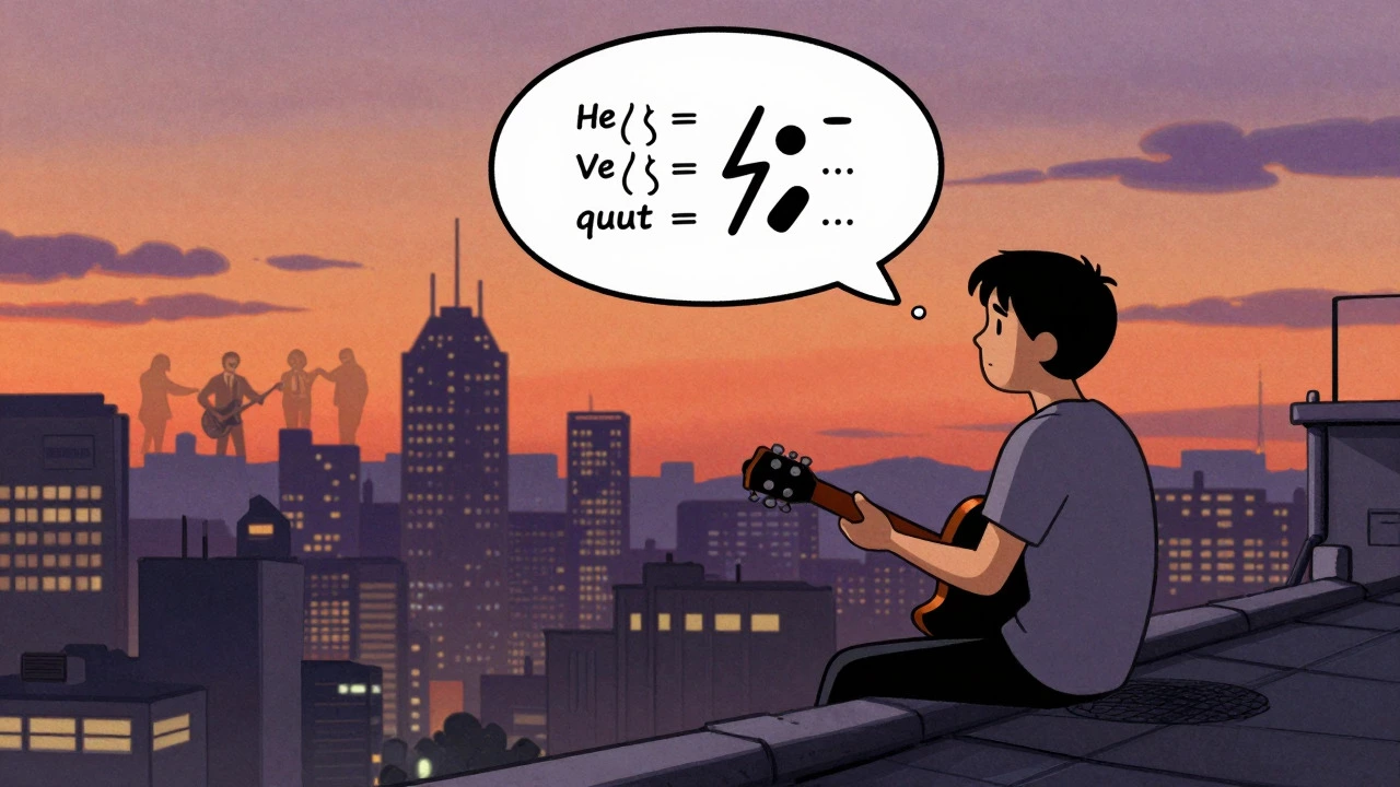 Cartoon of a musician on a rooftop reflecting on the legacy of alternative rock