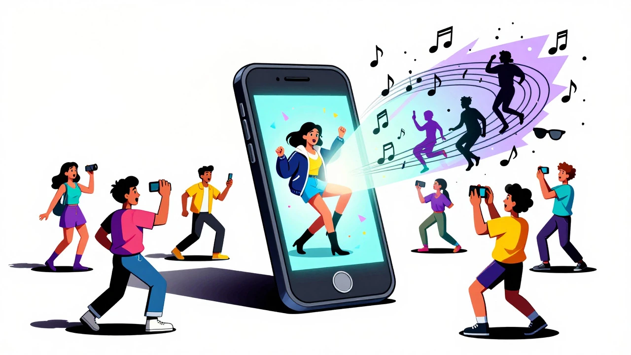 Cartoon of a phone projecting a vortex of 90s music and dancers