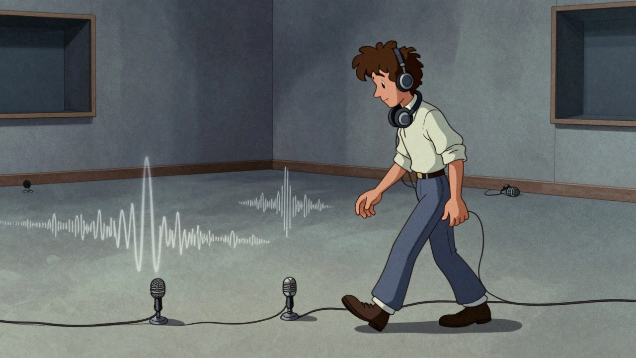 Cartoon of an engineer placing floor mics in a studio to capture room acoustics