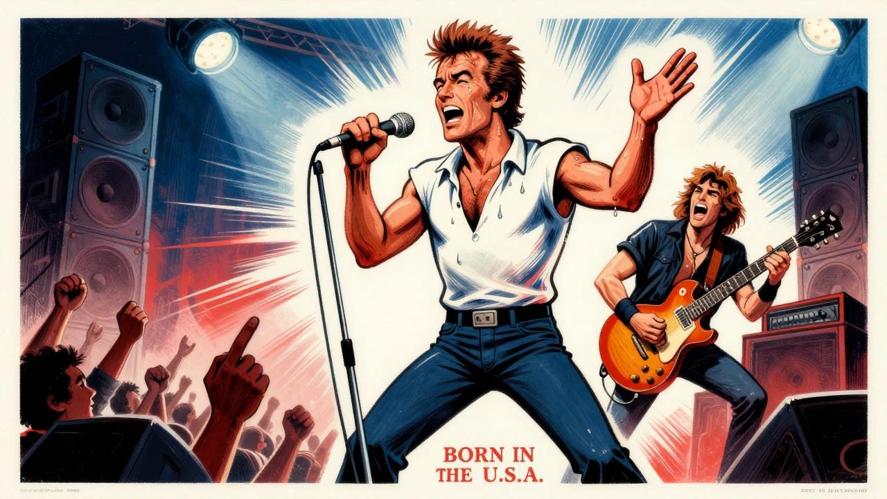 Cartoon of Bruce Springsteen playing energetic marathon encore on stage