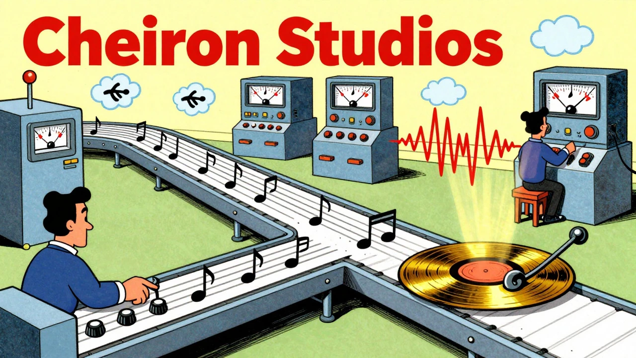 Cartoon of pop music factory assembly line producing hits