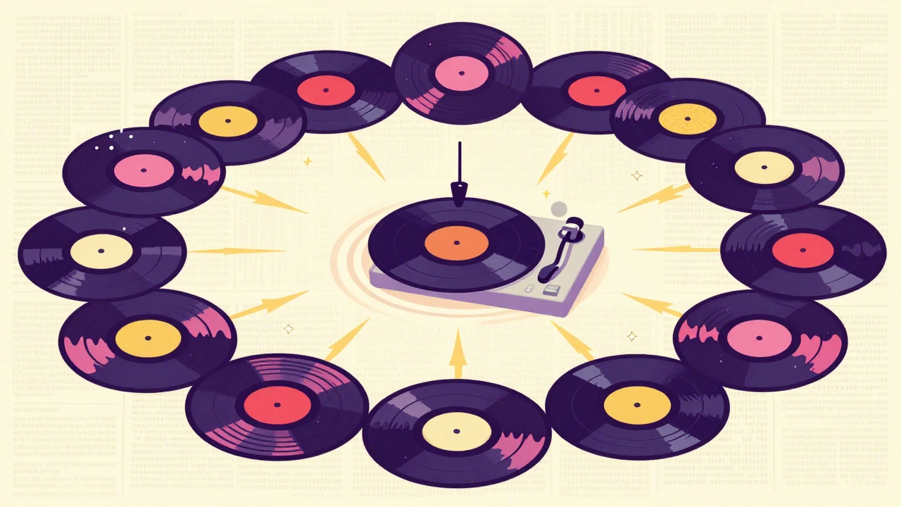 Cartoon of vinyl records arranged in a circle with sound waves radiating from a central turntable