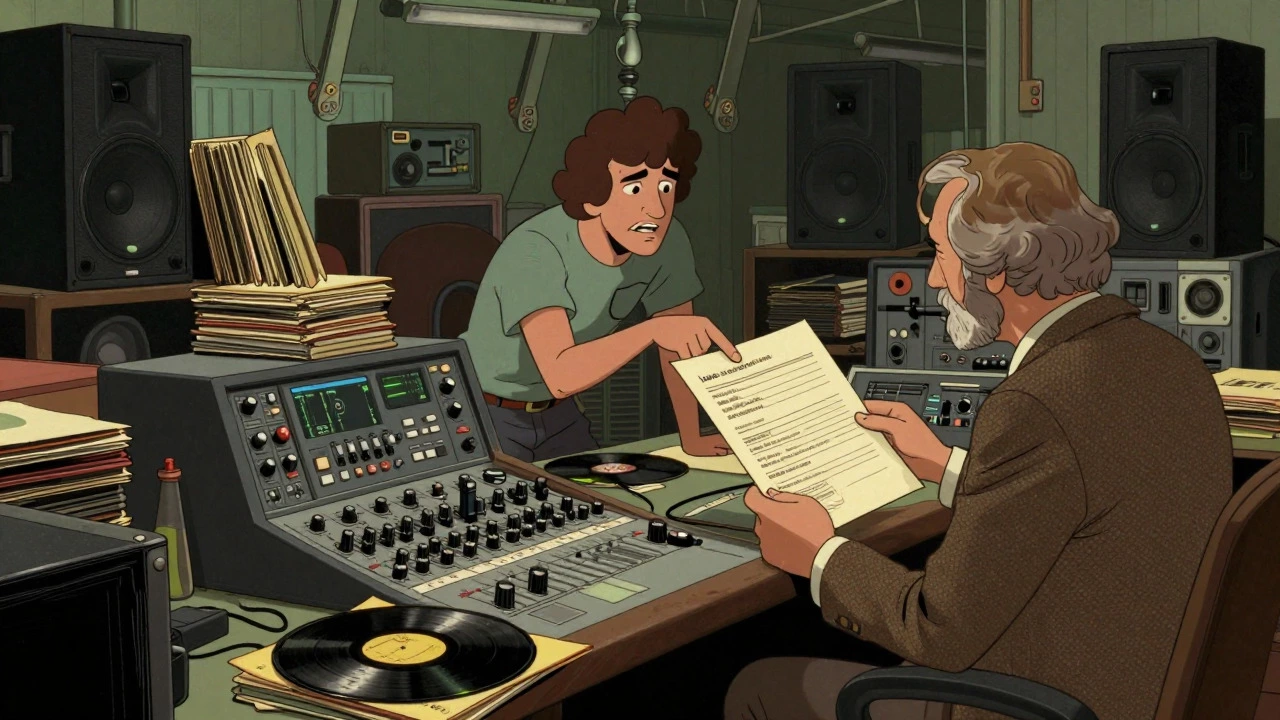Cartoon showing festival organizers managing complex analog equipment and technical riders.