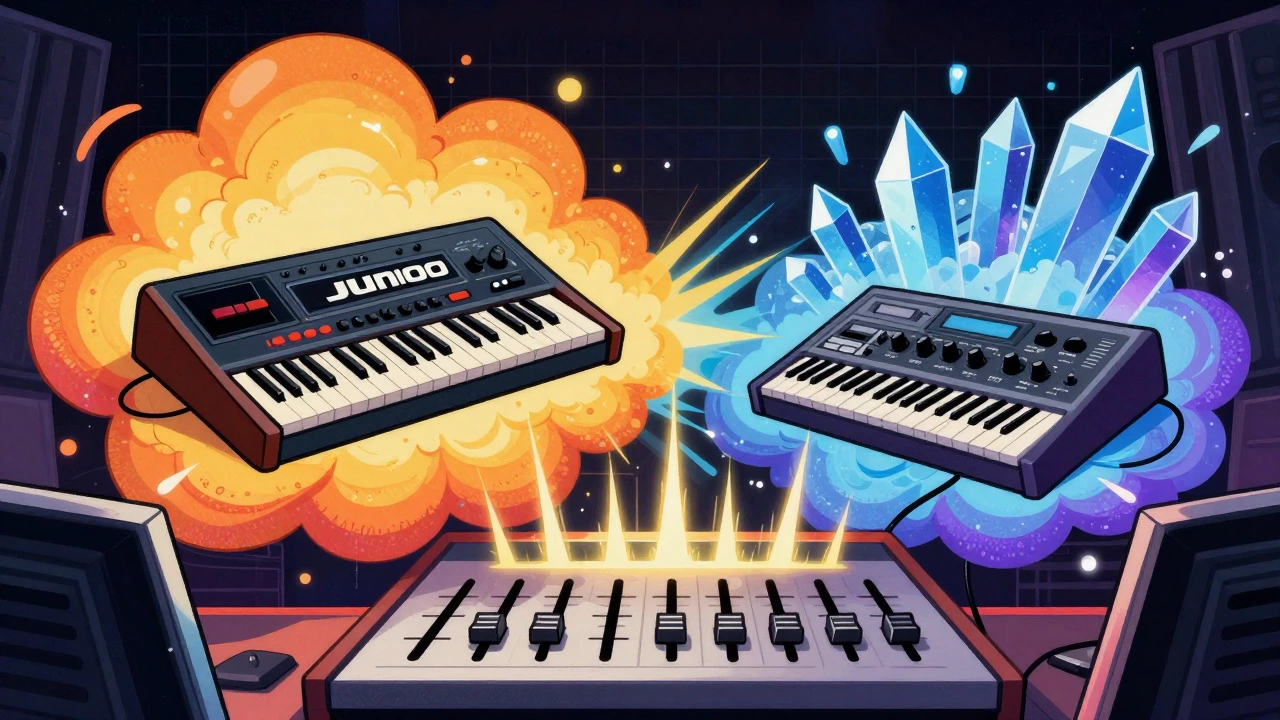 Cartoon showing layered analog and digital bass sounds merging in studio