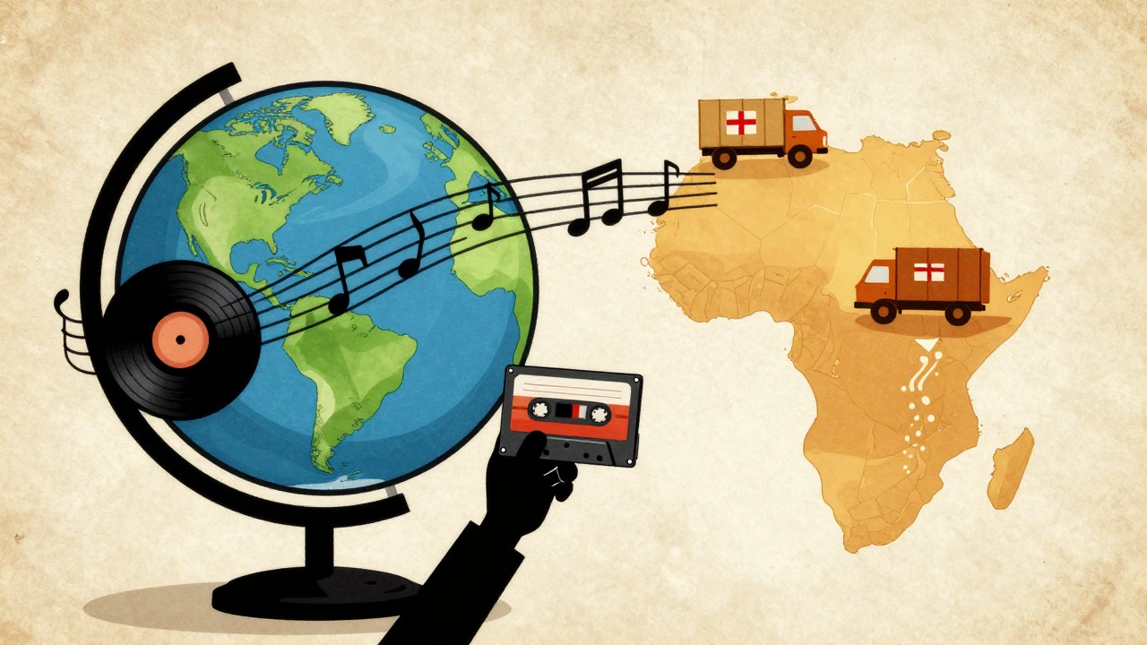 Cartoon showing music connecting global audiences to African aid efforts