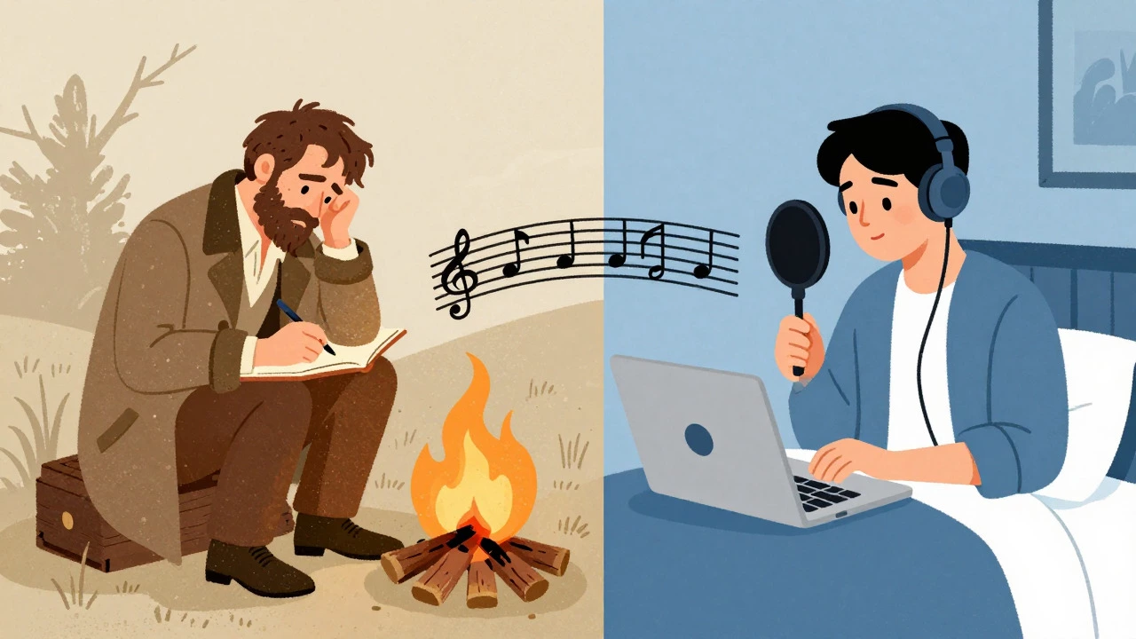 Cartoon showing the connection between 1970s songwriters and modern indie artists.