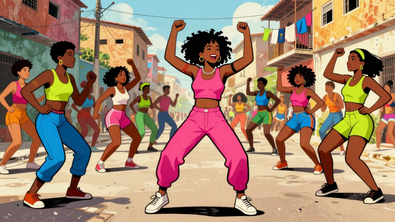 Cartoon style depiction of a female dancer leading a crowd in a vibrant street scene
