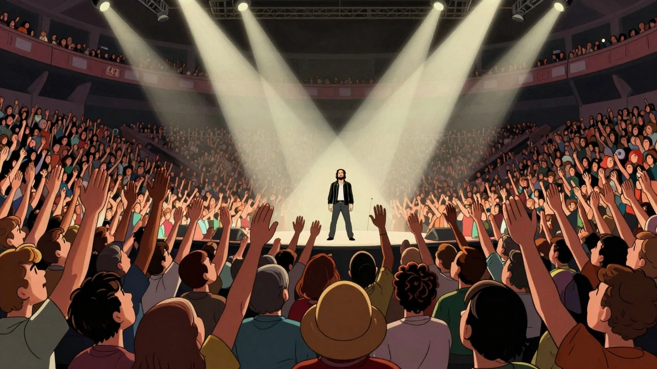 Cartoon style image of fans singing together during U2's Joshua Tree Tour finale