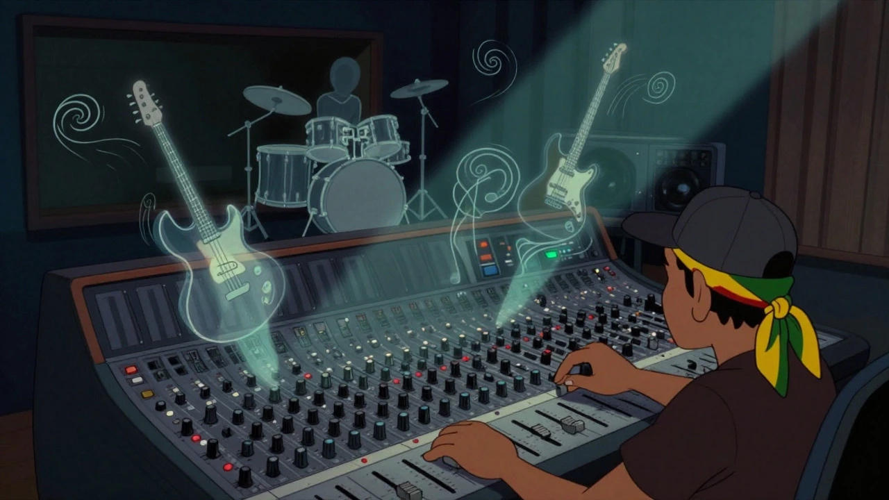 Cartoon view of a recording studio showing hands mixing reggae and hip-hop sounds