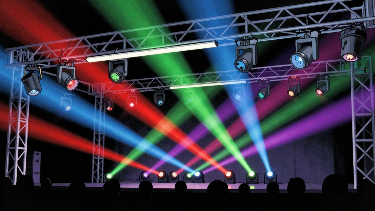 Cartoon view of a stage truss with colorful moving lights sweeping over an audience