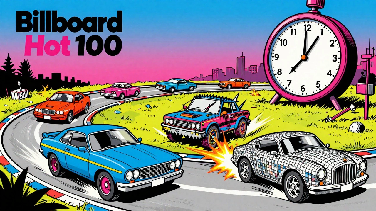 Chaotic 1980s music genre race track in retro cartoon art