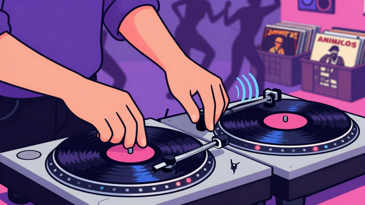 Close-up of DJ hands looping vinyl records using two turntables