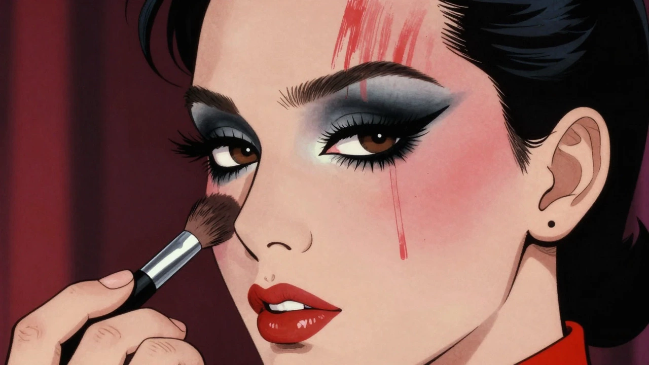 Close-up of dramatic 1980s makeup with heavy eyeliner and bright blush