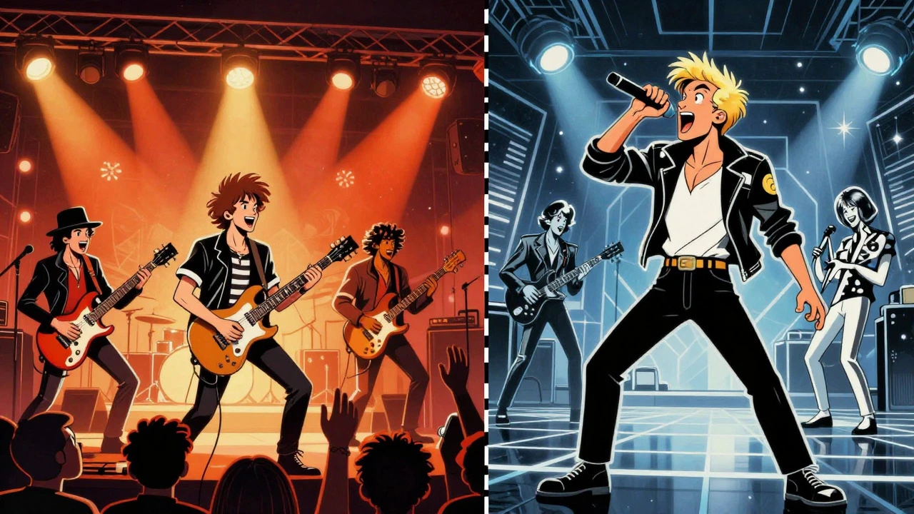 Contrasting US rock and UK synth-pop scenes in vintage illustration