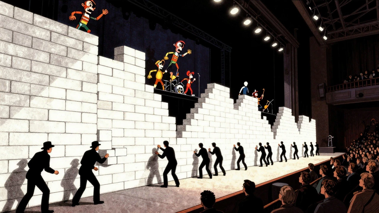 Crew building a giant brick wall on a concert stage