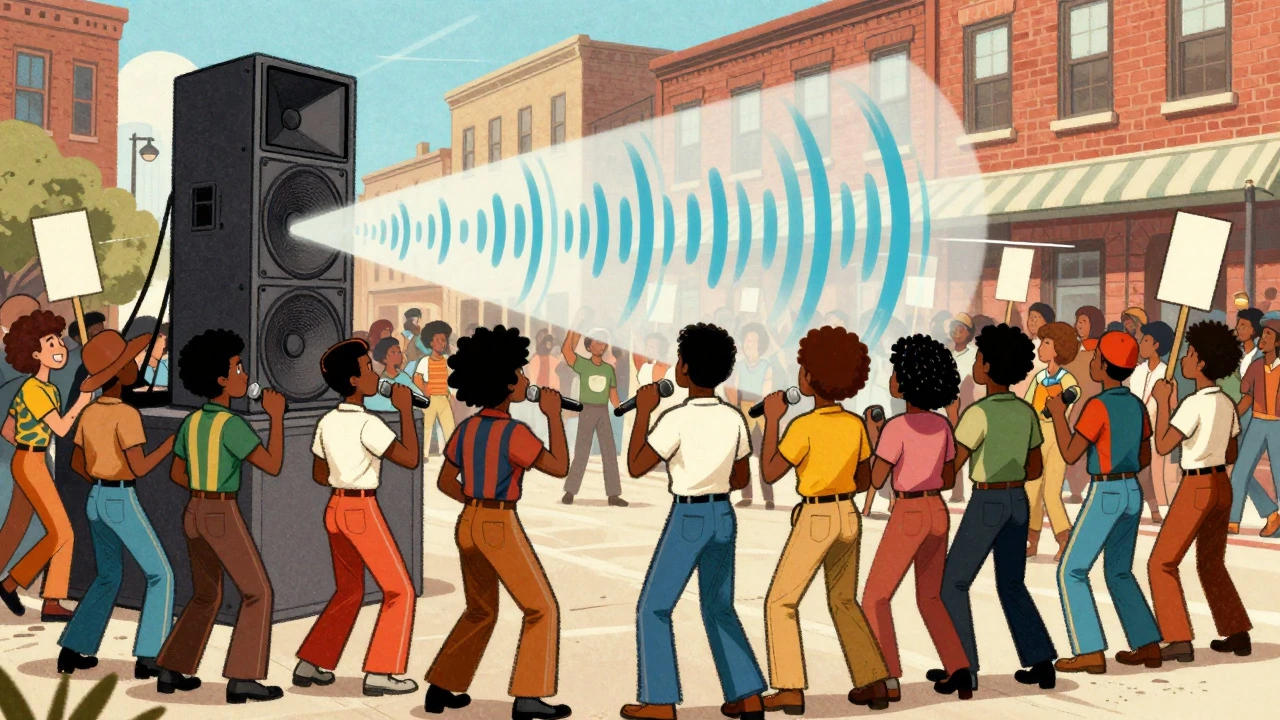Crowd at a 1970s rally listening to music from a large speaker in cartoon illustration