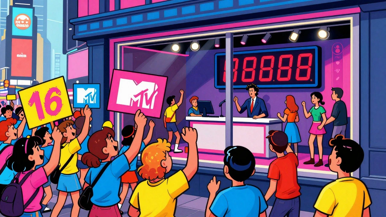 Crowd cheering outside MTV studio in Times Square during TRL